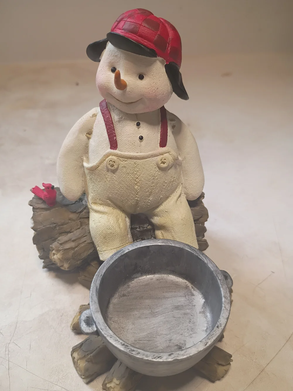 Vintage Hallmark Hunting Cap Snowman Sitting on a Log Tea Light Candle Holder